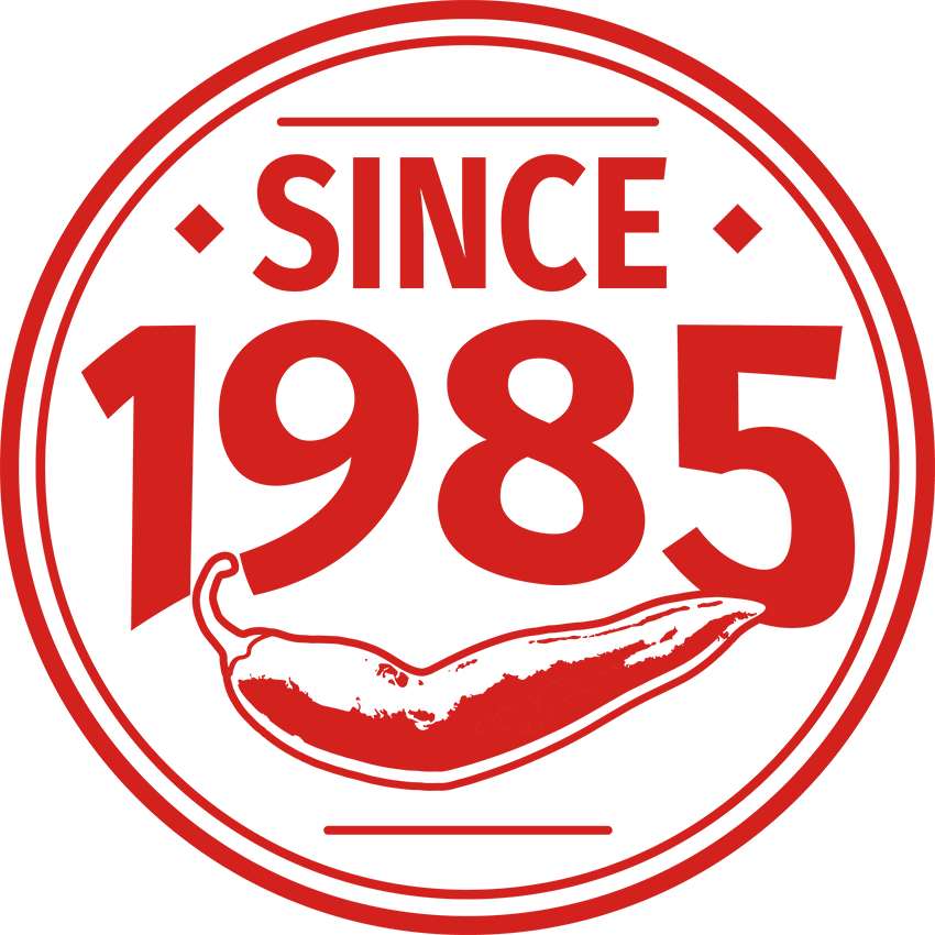 Red logo with 'SINCE 1985' and a chili pepper on a white background