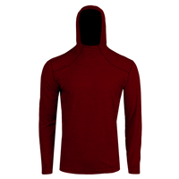 Hot Chillys men's hooded thermal shirt in deep red with long sleeves and snug fit