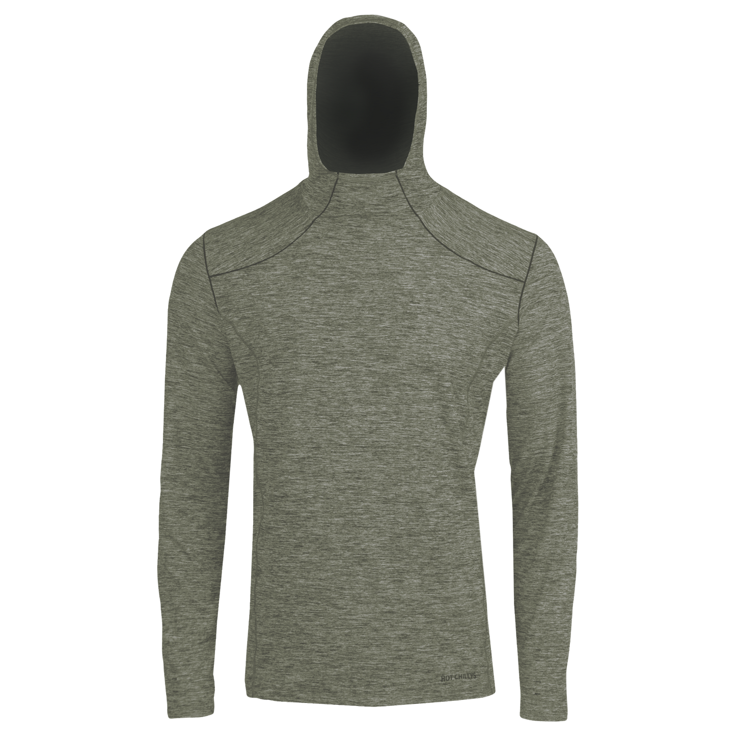 Hot Chillys men's thermal hoodie in gray with long sleeves and fitted hood for outdoor warmth