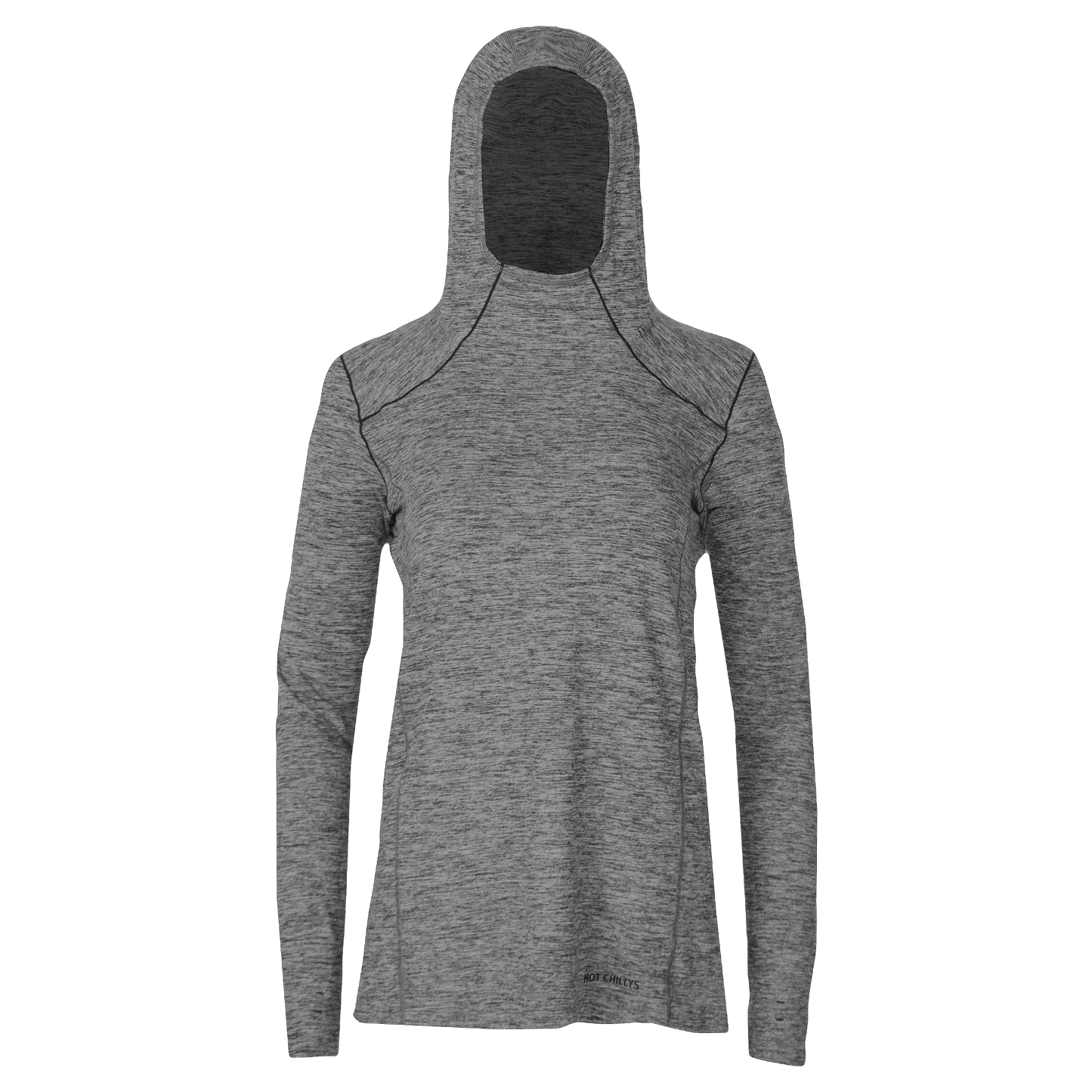 Hot Chillys women's thermal hoodie in gray with long sleeves and fitted design for cold weather