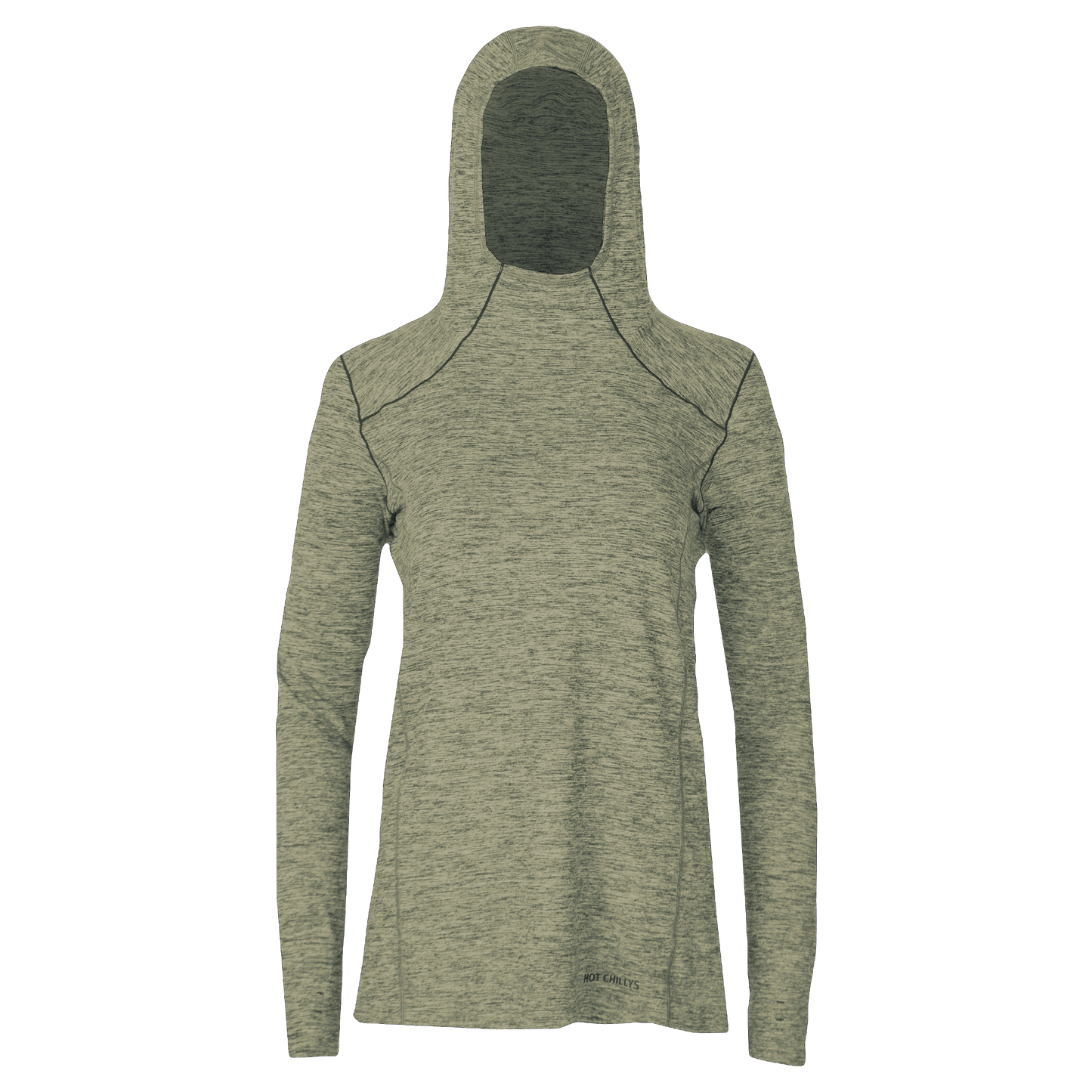 Hot Chillys women's thermal hoodie in light gray with fitted long sleeves and hood