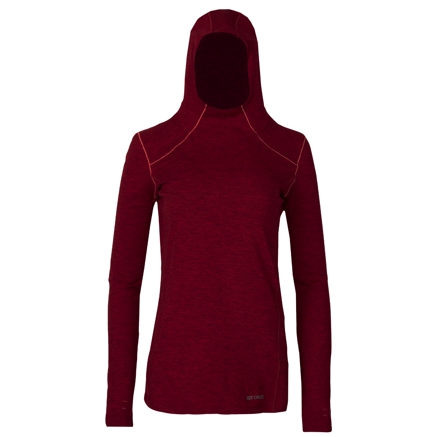 Hot Chillys women's thermal hoodie in deep red with long sleeves and fitted hood